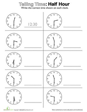 Do you know how to read an analog clock? This math worksheet asks students to look at telling time (on the half hour). They will have to check both the hour and minute hands to make sure they get it right! Great for those working on telling time to the half-hour, this worksheet pairs well with the second-grade curriculum.#educationdotcom Clock Worksheets, Kindergarten Anchor Charts, Telling Time Worksheets, Time To The Hour, Kids Math, 2nd Grade Math Worksheets, Time Worksheets, 1st Grade Math Worksheets, Math Workbook