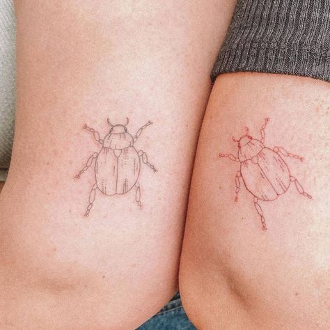 Fine line matching beetle tattoo for sisters. Matching Tattoos Family, Matching Tattoos Sister, Sibling Matching Tattoos, Tattoo For Sisters, Sister Matching Tattoos, Line Animals, Matching Family Tattoos, Tattoos Family, Matching Tattoos For Siblings