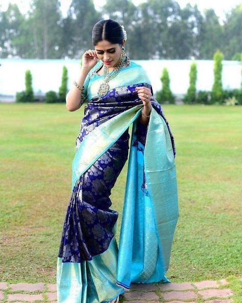 Sky Blue Saree, Indian Wedding Saree, Navy Blue Saree, South Silk Sarees, Indian Designer Sarees, Indian Silk Sarees, Bollywood Wedding, Wedding Saree Indian, Blue Saree