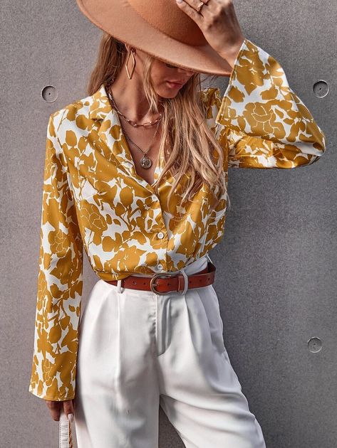 Allover Floral Print Blouse | SHEIN USA Floral Shirt Outfit, Yellow Floral Shirt, Batwing Sleeve Top, All Over Print Shirt, Backless Top, Women Blouses, Puff Sleeve Blouse, Floral Print Blouses, Blouse Outfit