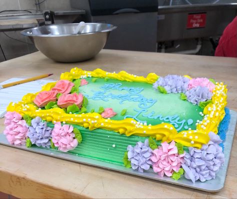 Decorated Buttercream Cakes, Beautiful Sheet Cakes, Spring Sheet Cake, Spring Cake Ideas, Spring Flower Cake, Cakes For Spring, 65 Birthday Cake, Full Sheet Cake, Dairy Queen Cake