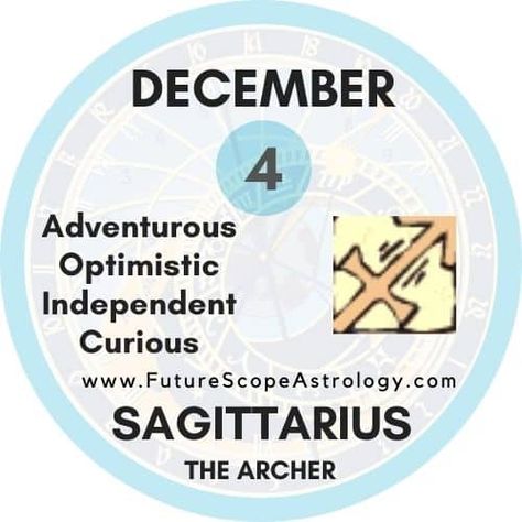 December 4 Zodiac (Sagittarius) Birthday Personality, Birthstone, Compatibility, Zodiac Sign, Ruling Planet, Element, Health and Advice Is your Birthday on December 4 ? Know the Sun Sign, Personality, Compatibility and more…. 4 December Zodiac sign Sagittarius 4 December Birthstone Topaz, Citrine 4 December ruling Planet Jupiter 4 December Element Fire 4 December Lucky day Thursday 4 December Lucky Colors Gold 4 ... Read more November Zodiac Sign, Personality Compatibility, December Zodiac Sign, Honey Lee, December Zodiac, December Horoscope, Astrology Dates, Birthday Personality, Sagittarius Traits