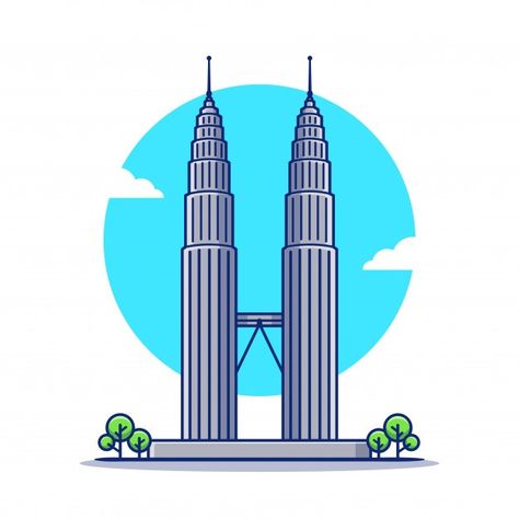 Twin Towers Malaysia Drawing, Klcc Drawing, Twin Towers Drawing, Unique Pastries, Traveling Icon, Travel Theme Decor, Petronas Twin Towers, Cartoon Building, Building Icon