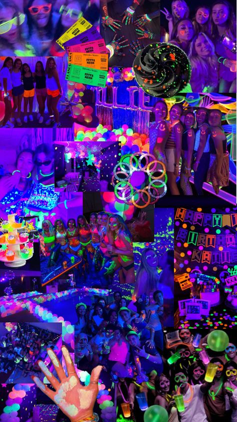 Party Inspo🎉 #party #inspo #partyinspo #glowinthedark #neon #neonparty #aesthetic #preppy Birthday Glow In The Dark Party, 18th Bday Party Ideas Outside, Rave Bday Party, Neon After Party, Cool 13th Birthday Party Ideas, 14th Party Ideas, Glow In The Dark Bday Party, Neon 16th Birthday Party Ideas, Birthday Party Ideas Glow In The Dark