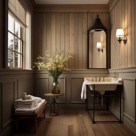 Step Up Your Bathroom Style with Fresh Wainscoting Ideas • 333+ Images • [ArtFacade] Powder Bath Trim Work, Panelled Walls Powder Room, Wood Paneled Powder Room, Plank Walls Bathroom, Powder Bathroom Art, Paint Wainscoting Same Color As Wall, Brown Wainscoting Ideas, Dark Waynes Coating Bathroom, Light Wood Wainscoting