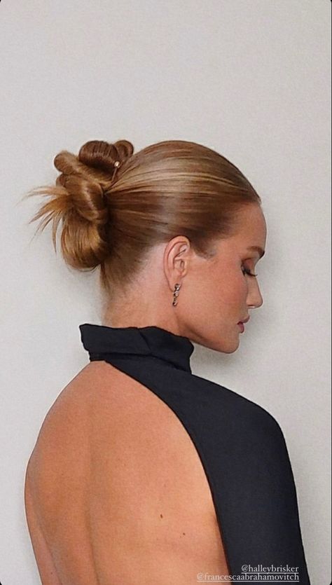 Rosie Huntington Whiteley Bun, Rosie Huntington Whiteley Hair Updo, Chic Bridal Bun, Bridal Hair For High Neckline, Slick Back French Twist, Slicked Back Wedding Hair Updo, Sleek Up Do, Sleek High Bun Wedding Hair, Slick Back Bridal Hair