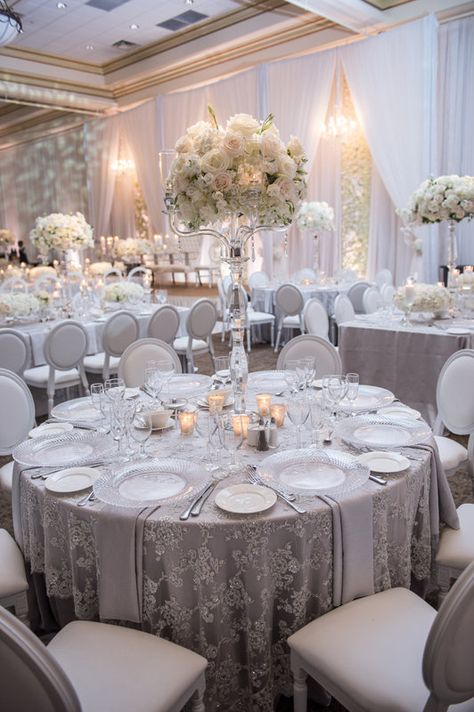 White And Silver Quinceanera Theme, Fifty Shades Wedding, Silver Quince, Silver Wedding Reception, White And Silver Wedding, Grey Wedding Theme, Quince Decor, Wedding Reception Layout, Wedding Table Setup