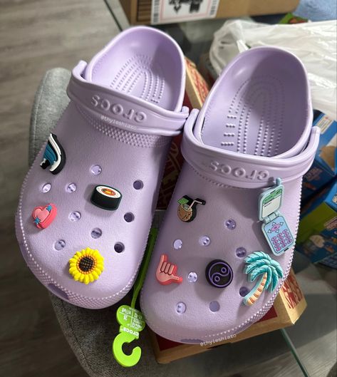 Crocs, crocs shoes, croc charms, summer crocs, purple, purple crocs, lavender, lavender crocs, charms, jibbitz, girly things, shoes, slides Aesthetic Crocs, Crocs Cute, Jibbitz Ideas, Cool Crocs, Crocs With Jibbitz, Crocs Aesthetic, Crocs With Charms, Crocs Ideas, Crocs Charms