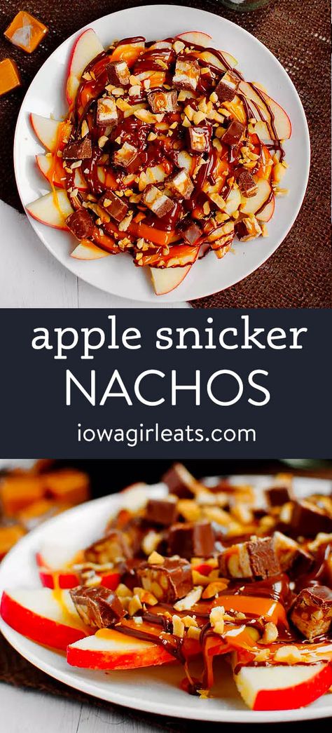 Apple Snicker Nachos are layers of fresh apple slices, gooey caramel, chopped Snickers, and crushed peanuts. A delicious and indulgent treat! iowagirleats.com keywords: dessert recipes, dessert ideas, desserts easy, halloween candy leftovers Sheet Pan Apple Nachos, Vegetarian Nachos, Apple Nachos, Caramel Apples Easy, Best Chocolate Desserts, Gooey Caramel, Iowa Girl Eats, Low Carb Plan, Crisp Apple