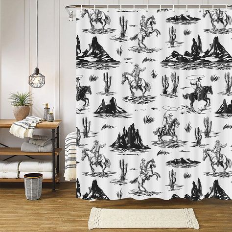 PRICES MAY VARY. Farmhouse Bathroom Decor: The western cowboy theme shower curtain set adds a touch of artistry to your bathroom, transforms the daily routine into a luxurious experience. American Wild West Bath Curtain Size: 70"W x 70"H shower curtain fits most bathtubs and shower stall. Bath Set Material: Quality polyester with nice drape, durable, waterproof and quick-drying. Bathroom Curtain Easy Care and Installation: Machine wash in cold, tumble dry low. The reinforced buttonholes and incl Country Themed Bathroom, Western Gothic Decor, Horse In Desert, Cowboy Bathroom, Western Shower Curtain, Western Bathroom Decor, Cowboy On Horse, Cactus Landscape, Cowboy Room