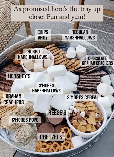 S’mores Bonfire Party, Glamping Ideas Food, S’mores Charcuterie Table, Spooky Bonfire Ideas, Smores Dip Charcuterie Board, Smores Tray Party Ideas, S’more Night Ideas, Smores Dessert Board, S’more Charcuterie Board Ideas