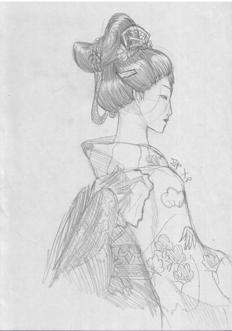 Geisha pencil drawing Japanese Pencil Drawing, Japanese Orian Drawing, Japan Pencil Drawing, Geisha Drawing Tattoo, Geisha Sketch, Face Profile Drawing, Anime Anatomy, Japanese Geisha Drawing, Geisha Drawing