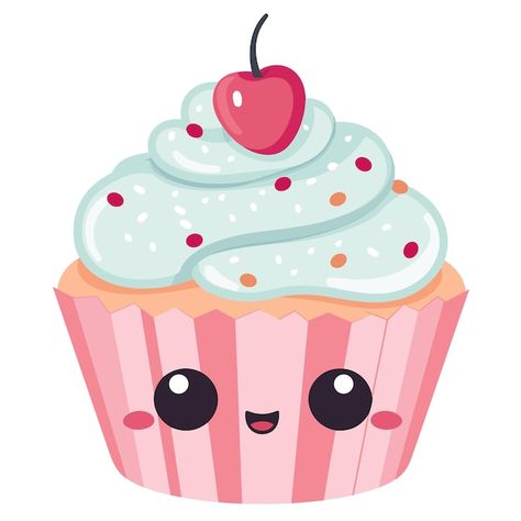 Hand drawn cupcake cartoon kawaii cupcak... | Premium Vector #Freepik #vector #strawberry-watercolor #strawberry-illustration #watercolor-fruit #juice Cupcake Cartoon Cute, Cupcake Vector Illustration, Cupcake Clipart Cute, Cute Food Illustration, Cute Cupcake Drawing, Cupcake Background, Cupcake Cartoon, Cupcake Pics, Strawberry Stickers