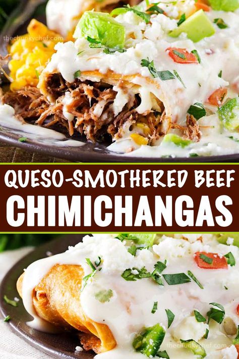 Tortillas stuffed with tender, spicy, slow cooked spiced beef (barbacoa-style), fried to crunchy perfection, then smothered in a velvety smooth white queso! Great meal to use up leftovers too! #beef #chimichangas #mexican #easyrecipe #dinner #barbacoa #queso #cheese #smothered Meals With Queso, Smothered Chimichanga Recipe, Ukrops Chicken Salad, Queso Enchiladas Beef, Easy Mexican Meals For A Crowd, Barbacoa Dinner Ideas, Fried Chimichanga Recipe Beef, Queso Smothered Burritos, Barbacoa Leftovers Recipes