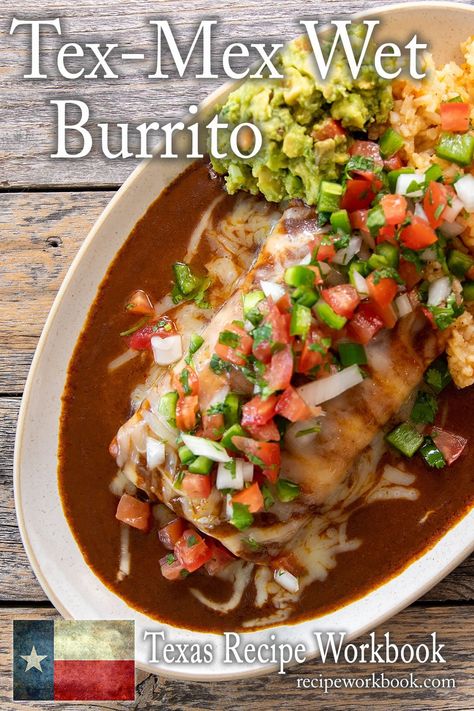 Texas Burrito Recipe, Carne Asada Wet Burrito Recipe, Verde Wet Burritos, Tex Mex Burritos, Verde Wet Burrito Recipe, Wet Beef Burrito Recipe, Wet Burrito Sauce, Easy Wet Burrito Recipe, Wet Burrito Recipe