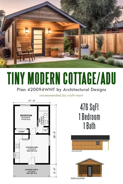 Enjoy a simpler life in this tiny cottage. Whether you need a place to escape, a guest house, or mother-in-law quarters, this 17' wide house plan will fit any lot. Rv As A Guest House, Tiny House Floor Plans 1 Bedroom, She’d Guest House, Backyard Guest House Plans, Mother In Law Addition To House, Backyard Cottage Guest House, Mother In Law Suite Ideas, Casitas Guest House, Backyard Casita