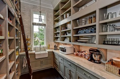 walk in pantry with a place for everything (food, glassware, china) and even a farm sink Appliances In Butlers Pantry, Pantry With A Sink, Sculary Ideas Walk In Pantry, Pantry With Prep Sink, Pantry Design With Sink, Butlers Pantry Room, Pantry Sizes Walk In, Pantry With Sink Walk In, Walk In Pantry With Sink