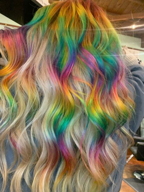 Blonde with rainbow “highlights” Blonde With Rainbow Highlights, Highlights In Blonde Hair, Rainbow Balayage, Rainbow Highlights, Blonde Hair With Highlights, Cool Hair Color, Blonde Balayage, Hair Inspo, Cute Hairstyles