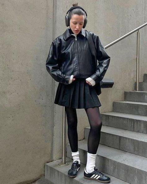 Stockings And Socks Outfit, Skirt Outfits With Black Tights, Pantyhose With Socks Outfit, Sambas With Tights, Tights With Socks Outfit, White Samba Adidas Outfit Winter, Styling Black Sambas, Casual Tights Outfit, Stockings With Sneakers