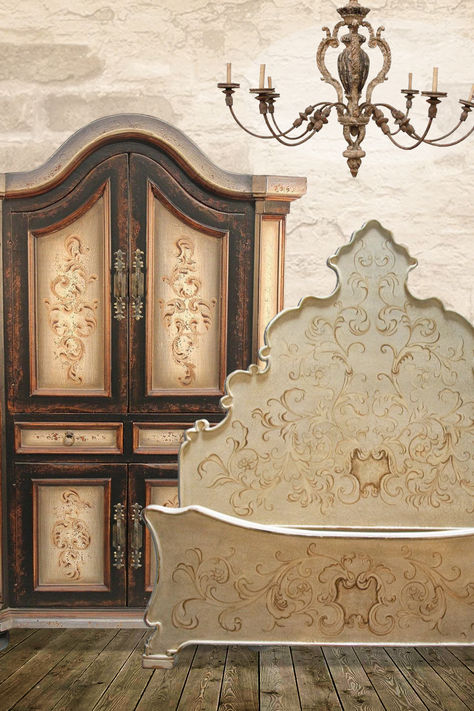 Hand-painted furnishings and exquisitely crafted pieces create a dreamy Venetian-inspired primary bedroom. #romanticbedroom, #romanticfurnishings, #valentinesdaydecor, #bed, #armoire, #chandelier Venetian Bedroom, French Provincial Armoire, Romantic Bedroom, Primary Bedroom, Romantic Homes, Living Room Remodel, Room Remodeling, Design Your Dream House, Easy Home Decor