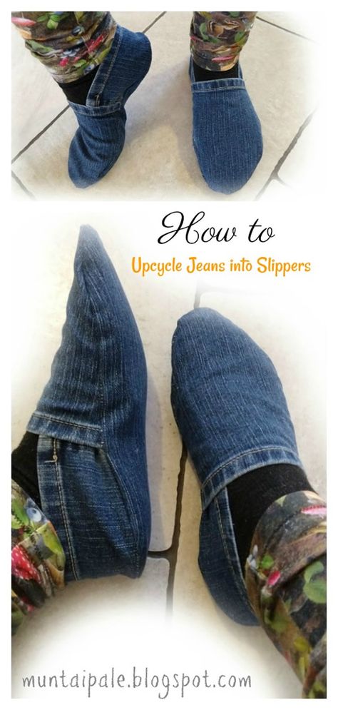 Återvinna Jeans, Diy Old Jeans, Diy Sy, Denim Crafts Diy, Skirt Diy, Diy Slippers, Upcycle Clothes Diy, Blue Jeans Crafts, Sew Ins