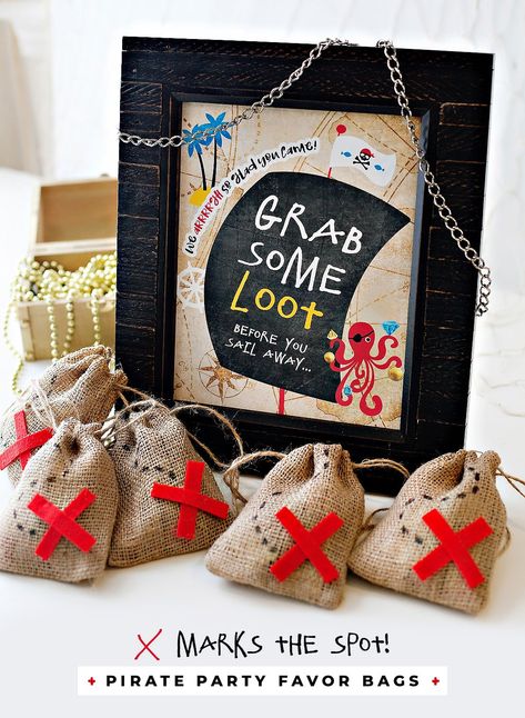 “X Marks the Spot” Pirate Party Favor Bags // Hostess with the Mostess® Pirate Themed Graduation Party, Walk The Plank Pirate Party, Pirate Gift Bags, Pirate Birthday Party Activities, Dinosaur Pirate Party, Pirate Dessert Table, Pirate Party Bags, Pirate Goodie Bags, One Piece Party Ideas