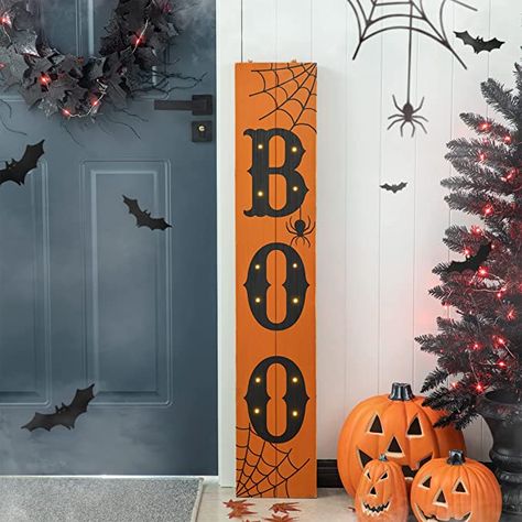 Amazon.com : Glitzhome 42" H Halloween Porch Board Sign with 12 LED Lights, Lighted Halloween "BOO" Hanging Signs or Lean Against Wall Standing Sign, Welcome Halloween Decorative Plaques for Front Door Outdoor : Patio, Lawn & Garden Pumpkin Porch Decor, Porche Halloween, Halloween Signs Diy, Halloween Porch Sign, Porch Pumpkins, Wooden Porch, Front Porch Signs, Halloween Yard Decorations, Halloween Porch