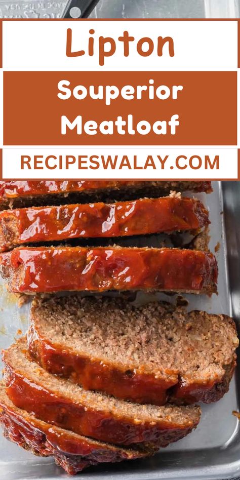 This Lipton Souperior Meatloaf recipe offers a delicious twist on the traditional dish, ensuring every slice is juicy, flavorful, and deeply satisfying. 
#Lipton #Souperior #Meatloaf #Recipe Superior Meatloaf, Lipton Meatloaf, Souperior Meatloaf, Traditional Meatloaf Recipes, Lipton Soup, Meatloaf Recipes Healthy, Traditional Meatloaf, Minced Meat Recipe, Lipton Onion Soup Mix