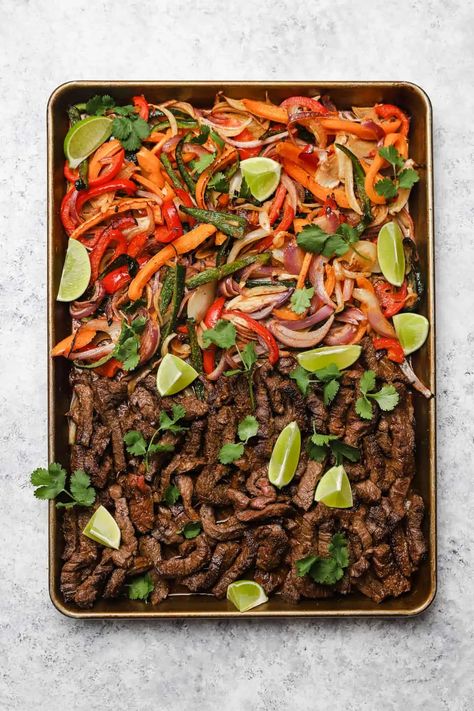 Skirt Steak Sheet Pan Fajitas - Well Seasoned Studio Skirt Steak Fajita Recipe, Fajita Seasoning Recipe Steak, Skirt Steak Sheet Pan Dinner, Steak Fajitas Sheet Pan, Sheet Pan Skirt Steak, Sheet Pan Beef Fajitas, Steak Sheet Pan, Fajitas Sheet Pan, Sheet Pan Steak Fajitas