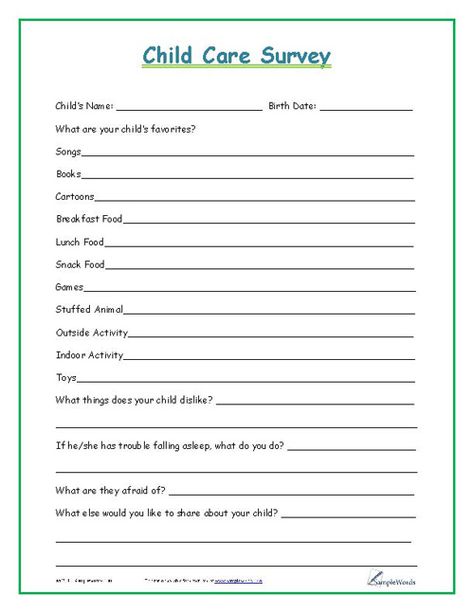 home child care forms | Child Care Survey Daycare Business Plan, Home Daycare Ideas, Daycare Rooms, Home Childcare, Home Day Care, Starting A Daycare, Daycare Forms, Questionnaire Template, Family Child Care