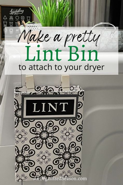 A pretty lint bin attached to the side of a dryer in a laundry room. Lint Collector Laundry Room, Lint Trash Can Ideas, Laundry Room Lint Bin, Dryer Lint Container, Lint Bin Diy, Laundry Room Lint Bin Ideas, Lint Container For Laundry Room, Laundry Lint Bin Ideas, Diy Lint Bin Dollar Tree