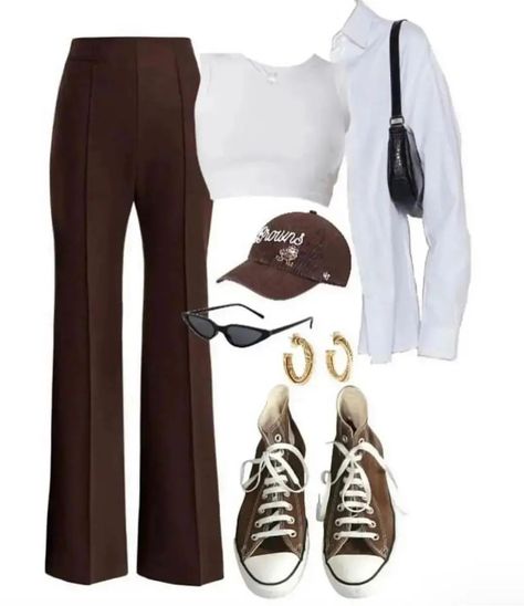 Brown Pants Ootd, High Top Converse Outfit, How To Style Brown Pants, Brown Baseball Cap, Black Top Outfit, Brown Pants Outfit, White Tops Outfit, Dark Brown Pants, Converse Brown