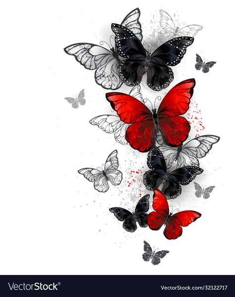 Flock Of Butterflies Tattoo, Black And Red Butterfly Tattoo, Red And Black Butterfly Tattoo, Red And White Tattoo, Black And Red Tattoo Design, Red And Black Tattoo Ideas, Red And Black Tattoos, Red Black Tattoo, Red Black Butterfly