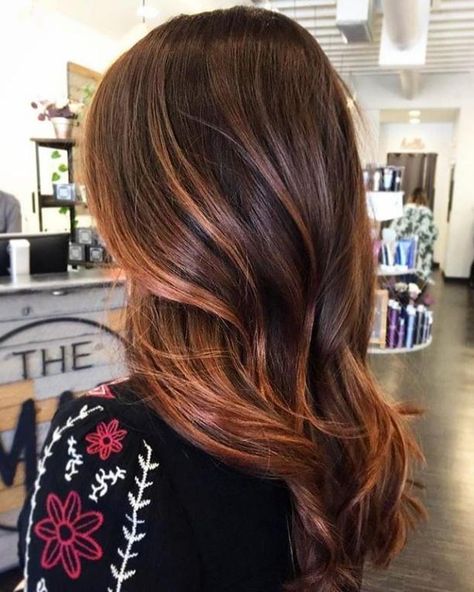 Dark Hair with Copper Highlights Dark Brown Hair With Orange Highlights, Dark Brown Hair With Highlights, Winter Hair Colors, Rambut Brunette, Highlights Ideas, Copper Balayage, Brown Hair Shades, Brown Ombre Hair, Hair With Highlights