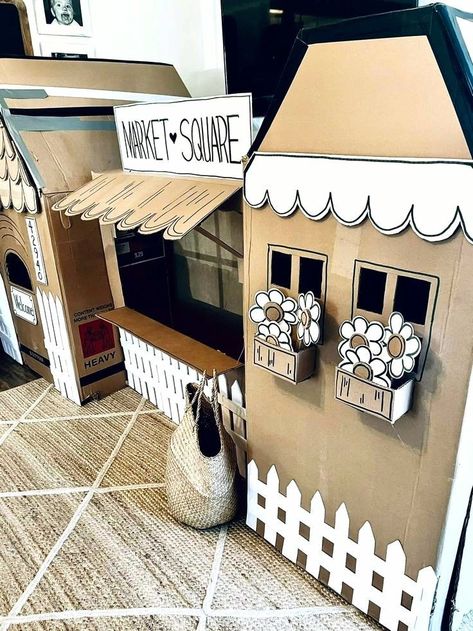 Creative Cardboard Box Ideas, Diy Cardboard Neighborhood, Card Board Play House, Cardboard Box Birthday, Fun Things To Do With Cardboard Boxes, Cardboard Town Diy, Box Playhouse Cardboard, Card Board Box Craft, Big Cardboard Box Ideas For Kids