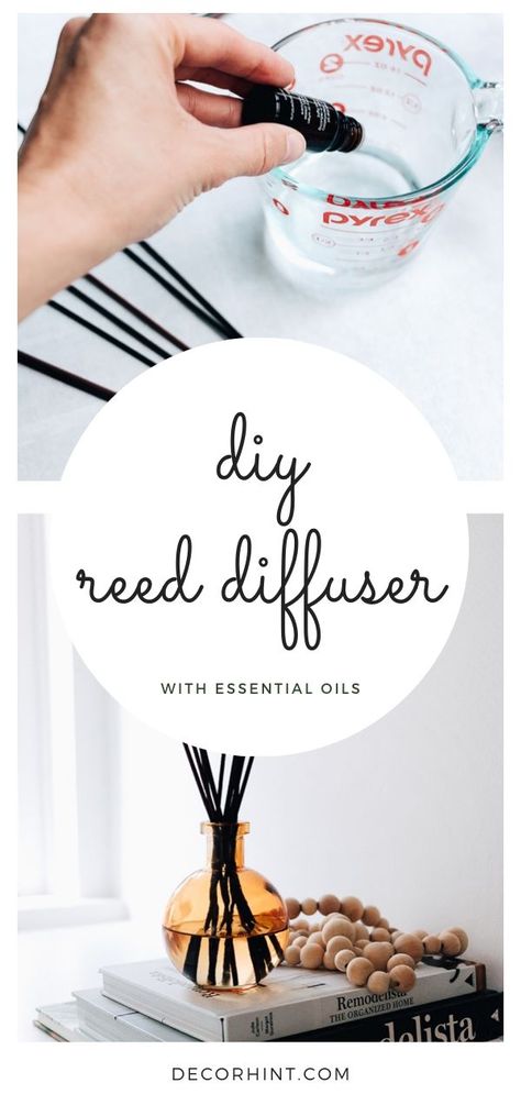 Essential oils of your choice and one other special ingredient you probably already own is all you need to make this pretty reed diffuser. Get the full tutorial here for a few ingredient DIY essential oil reed diffuser! This diffuser is easy to make, inexpensive, fun to customize, giftable and looks so pretty in your home with your home decor. Click through for the full how-to or save this pin for later. No chemicals! #reeddiffuser #essentialoils #natural #diy #crafts #homedecor #diyhomedecor Reed Diffuser Recipe, Reed Diffuser Diy, Diy Reed Diffuser, Homemade Diffuser, Diy Oil Diffuser, Homemade Reed Diffuser, Oil Reed Diffuser, Diy Essential Oil Diffuser, Diffuser Diy