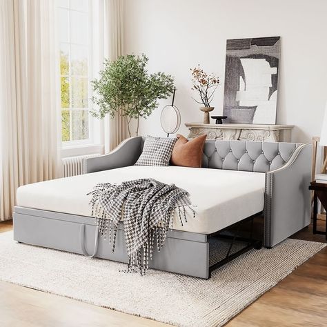 Twin Velvet Upholstered Daybed with Pop Up Trundle, Backrest and 2 Square Armrests, Convertible Sleeper Sofa, No Box Spring Need - Bed Bath & Beyond - 40900612 King Daybed, Daybed With Pop Up Trundle, Office With Daybed, Pop Up Trundle Bed, Grey Daybed, Pop Up Trundle, Daybed Frame, Multi Functional Sofa, Living Room Decor On A Budget