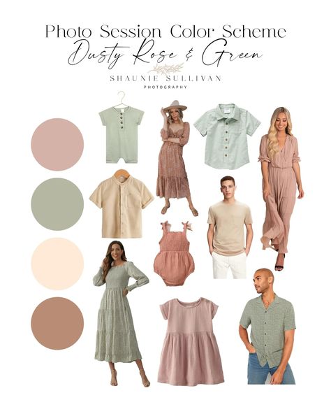 Blush Pink Family Pictures, Spring Outfit Family Photos, Spring Colors For Family Photos, Dusty Rose And Green Family Pictures, Family Outfit Color Schemes, Light Pink Family Photo Outfits, Dusty Rose And Sage Green Family Photos, Sage Family Photo Outfits, Mint Green Family Picture Outfits