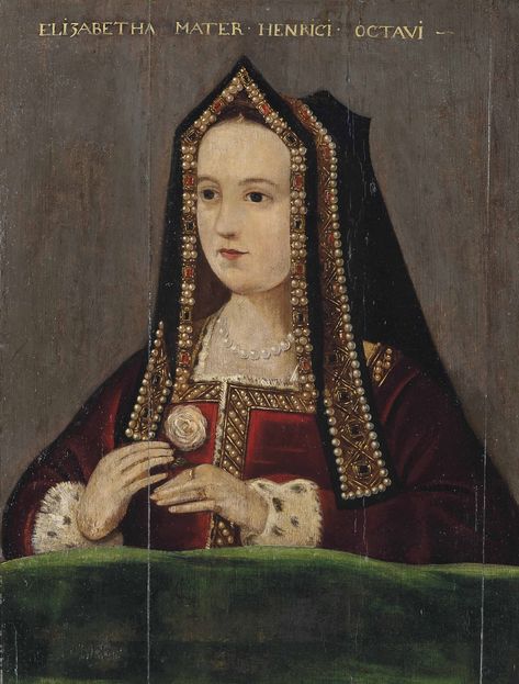 English School, 17th Century | Portrait of Elizabeth of York (1466-1503), half-length, holding a white rose | Christie's 17th Century Portraits, Elizabeth Of York, Tudor Fashion, British School, Tudor Dynasty, Tudor Era, Tudor History, Wars Of The Roses, Historical People