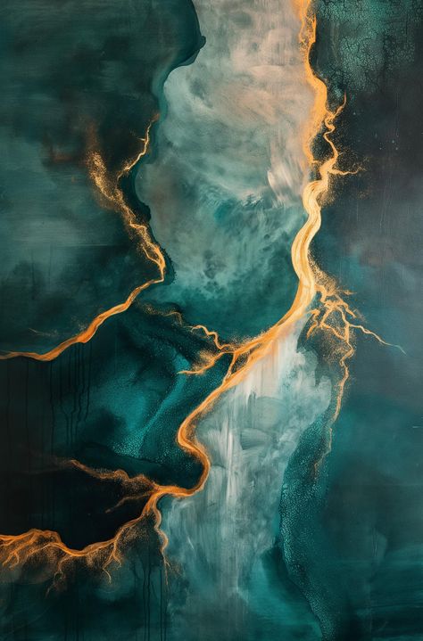 in thickness, suggesting the artist employed a technique that allows the acrylics to layer in a manner that creates an almost three-dimensional effect across the surface. The golden lines weave through the turquoise and teal backdrop like rivers of molten metal, their luminous paths creating a dynamic interplay of light and shadow. The swirling patterns seem to mimic natural formations, reminiscent of aerial views of river deltas or microscopic images of minerals.  The overall impression is one of fluid motion and organic growth, encapsulated within the structured Teal Backdrop, Turquoise And Teal, Molten Gold, Molten Metal, Microscopic Images, River Delta, Gold Blonde, River Art, Gold Aesthetic