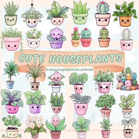 House Plant Drawing, Plant Kawaii, Kawaii Plants, Kawaii Garden, Plants Printable, Plant Clipart, Cute Plants, Kawaii Clipart, Plant Drawing