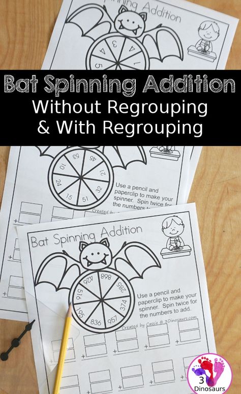 Free Bat Spinning Addition- Easy No-Prep Printable - 3 levels of addition with single digit, double digit and triple digit for kids to work on addition with and without regrouping - 3Dinosaurs.com - 3Dinosaurs.com #freeprintable #additionprintable #halloweenmath #3dinosaurs #mathprintable 3 Digit Addition Games Free, Addition Regrouping Activities, 3dinosaurs.com Free Printables, Double Digit Math Games, 3 Digit Addition Activities, 3 Digit Subtraction Games, Addition Without Regrouping Activities, Double Digit Addition Games, 3 Digit Addition Without Regrouping