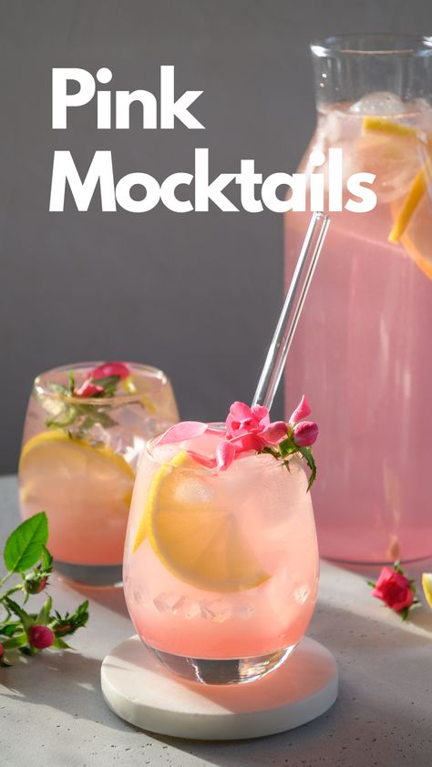 Pink Mocktails Signature Non Alcoholic Drinks, Mocktail Recipe Large Batch, Alcohol Free Pink Drinks, Fun Pink Drinks Non Alcoholic, Pink And Blue Mocktails, Cosmopolitan Drink Mocktail, Rose Mocktails Non Alcoholic, Galentines Drinks Non Alcoholic, Sweet 16 Mocktail