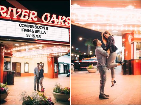 Contemporary Engagement Shoot by Civic Photos Theater Engagement Photos, Movie Theater Wedding, Chateau Cocomar, Engagement Photos Houston, Engagement Photo Shoots, Outside Movie, Engagement Shoots Poses, Wedding Boards, Theatre Wedding