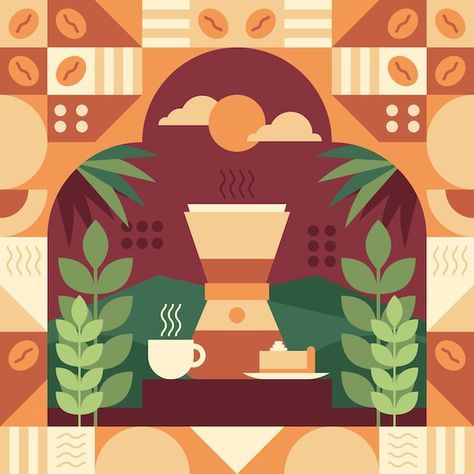 Free vector flat design geometric illust... | Free Vector #Freepik #freevector #geometric-illustration #mosaic #mosaic-pattern #geometric-design Flat Pattern Design, Flat Geometric Illustration, Flat Graphic Illustration, Pattern Art Illustration, Coffee Inspired Art, Coffee Pattern Design, Coffee Pattern Illustration, Coffee Illustration Graphics, Mosaic Branding