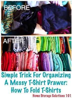 how to fold t-shirts: simple trick for organizing your shirt drawer How To Organize Tshirts In Drawers, Organize Tshirts In Drawer, How To Fit More Clothes In Drawers, Organize Tshirts Shelf, Deep Drawer Organization Clothes, Tshirt Organization Ideas, Tshirt Storage Ideas, Shirt Drawers, Tshirt Storage