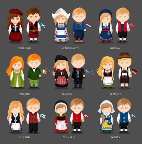 Set of european pairs dressed in different national costumes. vector illustration Country Costumes, European Costumes, Around The World Theme, Costumes Around The World, World Thinking Day, National Clothes, Kids Around The World, National Dress, Flags Of The World