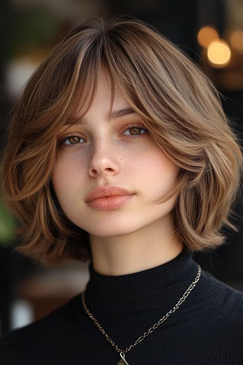 Layered Bob Haircut, Chic French Bob with Curtain Bangs Classic Bob With Curtain Bangs, Short Shag Hairstyles With Curtain Bangs, Short Haïr Cut With Curtain Bangs, Longer French Bob, Short Bob Hairstyles With Curtain Bangs, French Bob With Wispy Bangs, Short Tousled Bob, Bob Haircut With Bangs For Round Face, French Bob Layered