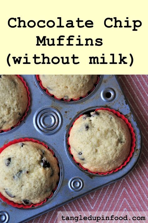 Chocolate chip muffins without milk. Use dairy-free chocolate chips for a kosher recipe or milk allergies. Also a great recipe if there's no milk in the house No Milk Muffins Easy Recipes, Muffin Recipes Dairy Free, Baking Without Milk Recipes, Baking Without Milk, Breakfast Recipes Without Milk, Muffin Recipes Without Milk, No Milk Baking Recipes, No Milk Breakfast Recipes, Desserts Without Milk