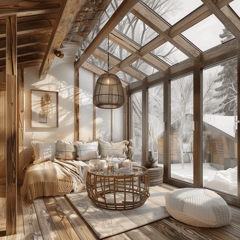 Rustic Natural Wood Sunroom Design Inspiration Small Sunroom Office Ideas, Wood Sunroom, Enclosed Sunroom Ideas, Sunroom Bedroom Ideas, 4 Season Room Addition, Sunroom With Fireplace, Dining Room Sunroom, Sunroom Seating, 4 Season Sunroom Ideas